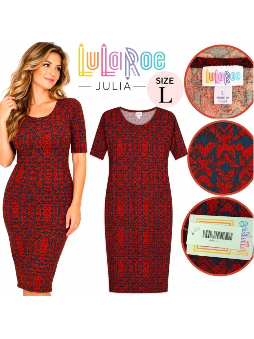 LuLaRoe Julia Dress Large Rust Red Navy Geometric Midi Bodycon NWT